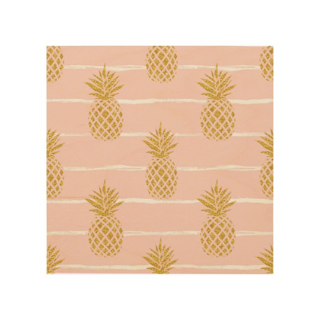 Gold Pineapple, Striped Summer Background. Wood Wall Art (Front)