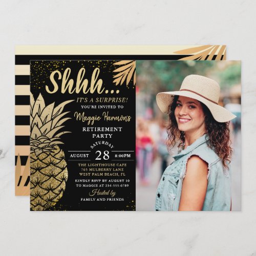 Gold Pineapple Surprise Retirement Party Photo Invitation