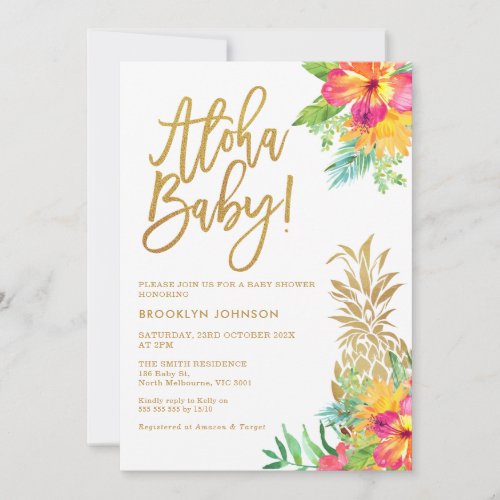 Gold Pineapple Tropical Floral Aloha Baby Shower Invitation