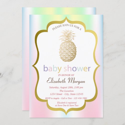 Gold Pineapple Tropical Holographic Baby Shower Invitation