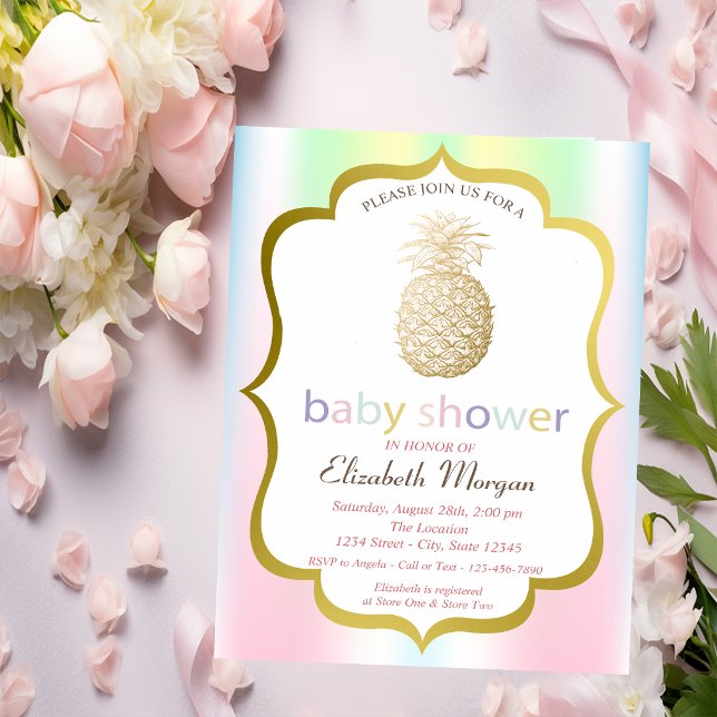 Gold Pineapple Tropical Holographic Baby Shower Invitation (Creator Uploaded)