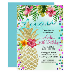 Gold Pineapple & Tropical Leaves Luau Party Card
