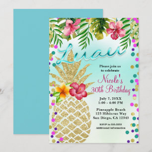Gold Pineapple & Tropical Leaves Luau Party Invitation