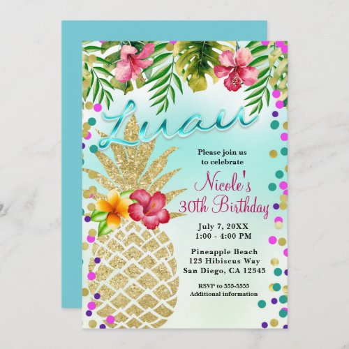 Gold Pineapple  Tropical Leaves Luau Party Invitation