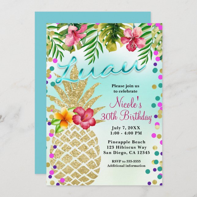 Gold Pineapple & Tropical Leaves Luau Party Invitation (Front/Back)