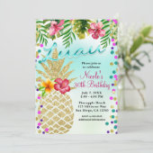 Gold Pineapple & Tropical Leaves Luau Party Invitation (Standing Front)