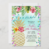 Gold Pineapple & Tropical Leaves Luau Party Invitation (Front)