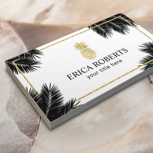 Gold Pineapple Tropical Palm Leaves Modern Business Card