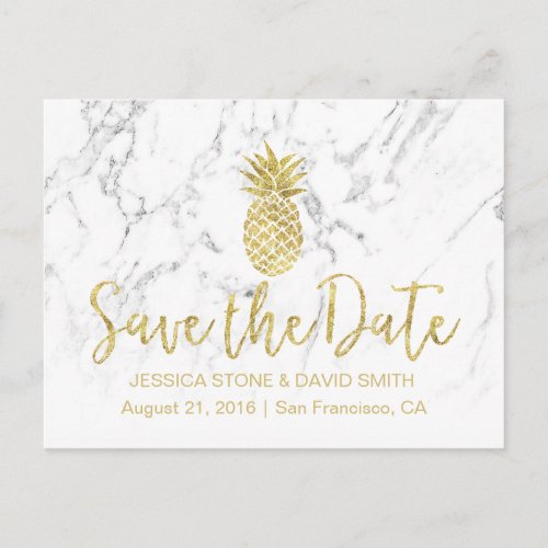 Gold Pineapple White Marble Wedding Save the Date Announcement Postcard