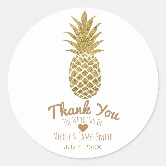 Gold Pineapple White Modern Chic Tropical Favor Classic Round Sticker (Front)