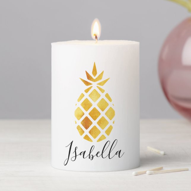 Gold pineapple white name pillar candle (In Situ)