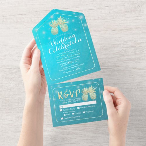 Gold Pineapples Couple String Lights Wedding RSVP  All In One Invitation