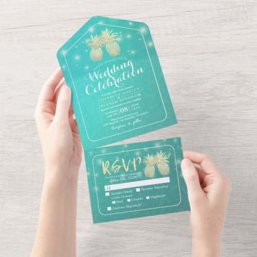 Gold Pineapples Couple String Lights Wedding RSVP All In One Invitation