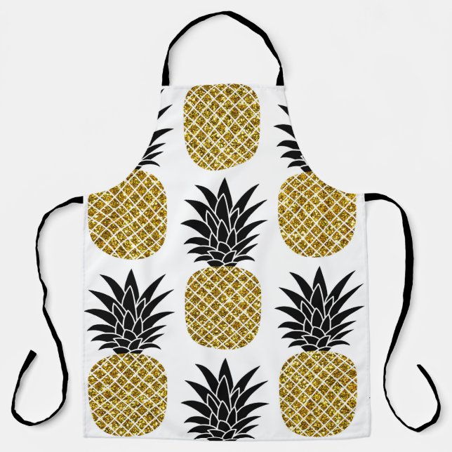 Gold Pineapples: Hand-Drawn White Seamless. Apron (Front)