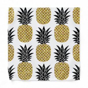 Gold Pineapples: Hand-Drawn White Seamless. Bandana