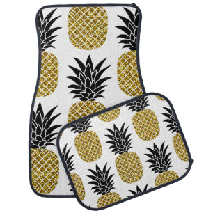 Gold Pineapples: Hand-Drawn White Seamless. Car Floor Mat