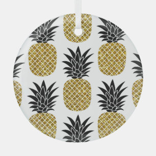 Gold Pineapples: Hand-Drawn White Seamless. Glass Ornament