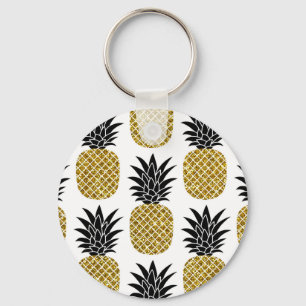 Gold Pineapples: Hand-Drawn White Seamless. Keychain