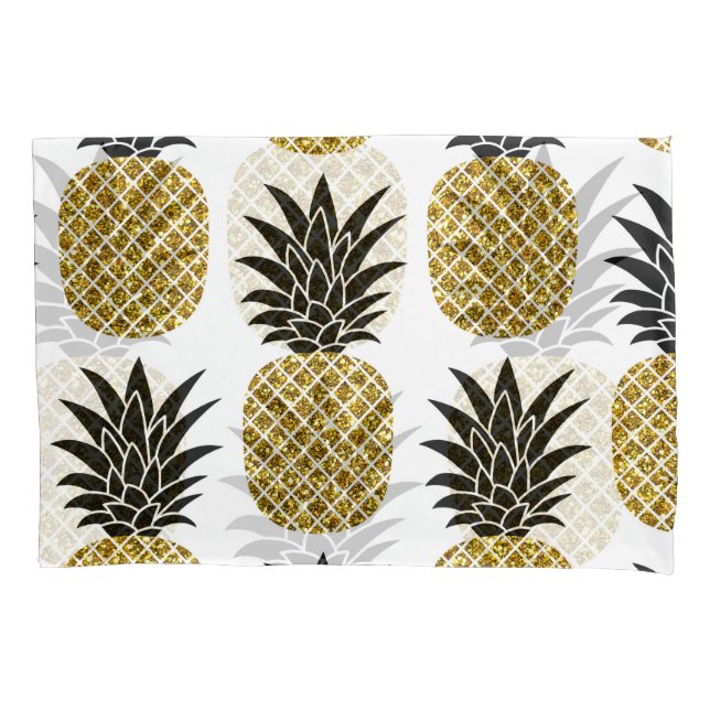 Gold Pineapples: Hand-Drawn White Seamless. Pillow Case (Front)
