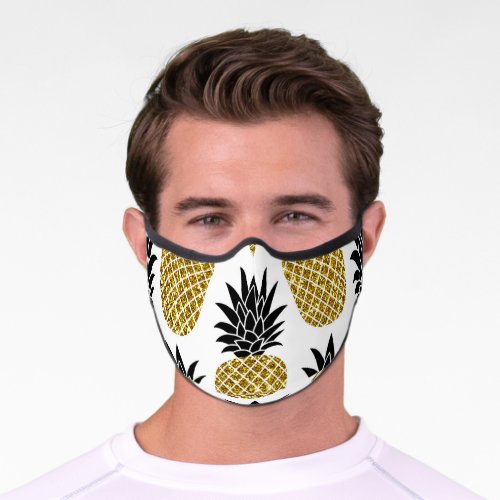 Gold Pineapples Hand_Drawn White Seamless Premium Face Mask