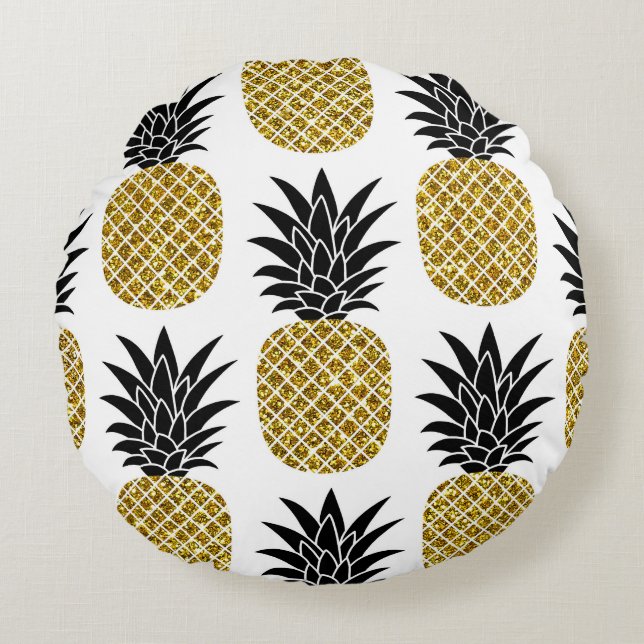 Gold Pineapples: Hand-Drawn White Seamless. Round Pillow (Front)