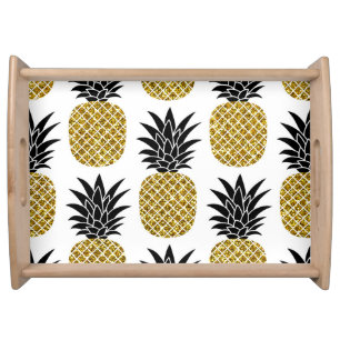 Gold Pineapples: Hand-Drawn White Seamless. Serving Tray