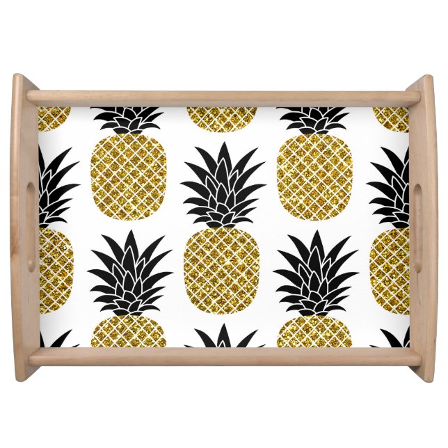 Gold Pineapples: Hand-Drawn White Seamless. Serving Tray (Front)
