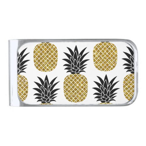 Gold Pineapples Hand_Drawn White Seamless Silver Finish Money Clip