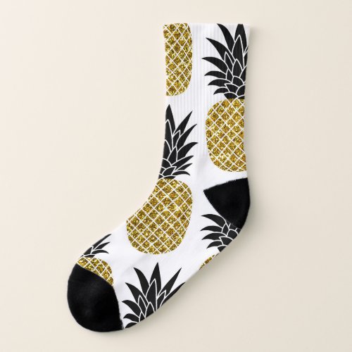 Gold Pineapples Hand_Drawn White Seamless Socks