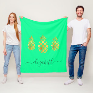 Gold pineapples neo mint monogram fleece blanket