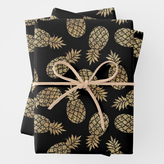 Gold Pineapples on Black Wrapping Paper Sheets (In situ)