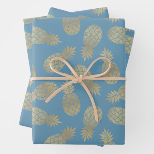 Gold Pineapples on Blue Wrapping Paper Sheets