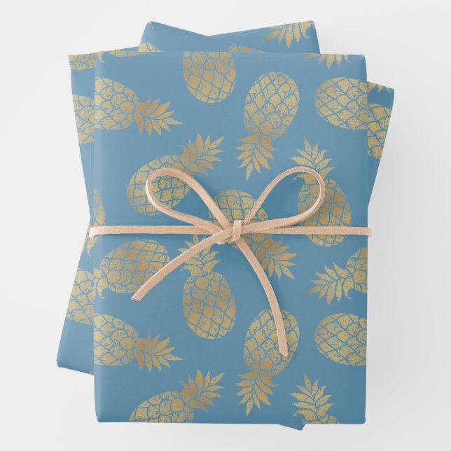 Gold Pineapples on Blue Wrapping Paper Sheets (In situ)