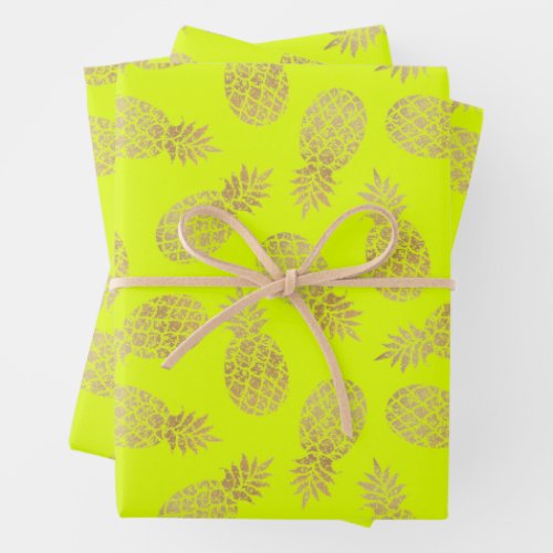 Gold Pineapples on Chartreuse Wrapping Paper Sheets