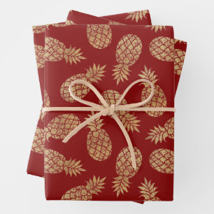 Gold Pineapples on Deep Red Wrapping Paper Sheets