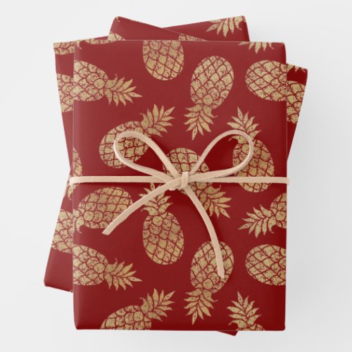 Gold Pineapples on Deep Red Wrapping Paper Sheets