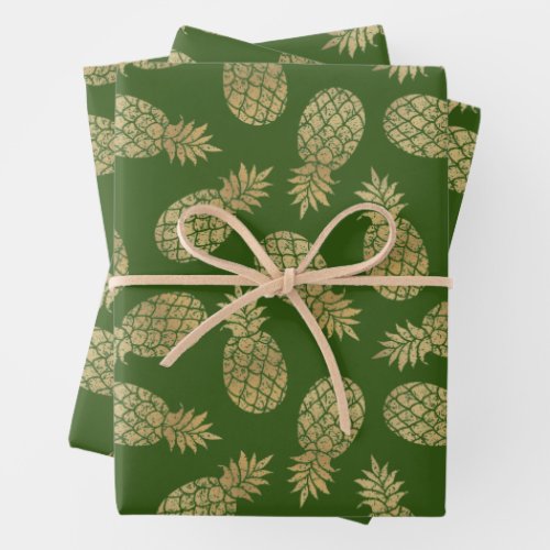 Gold Pineapples on Green Wrapping Paper Sheets