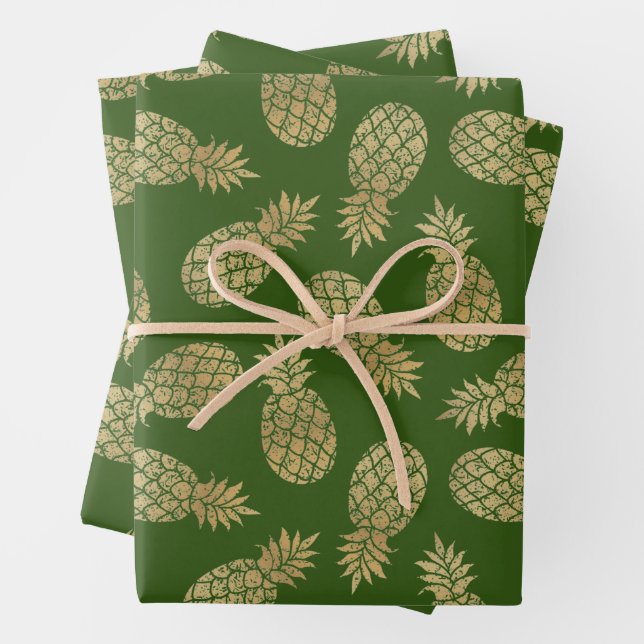 Gold Pineapples on Green Wrapping Paper Sheets (In situ)