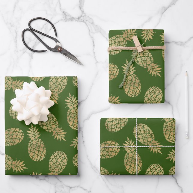 Gold Pineapples on Green Wrapping Paper Sheets (Front)