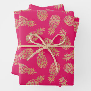 Gold Pineapples on Hot Pink Wrapping Paper Sheets