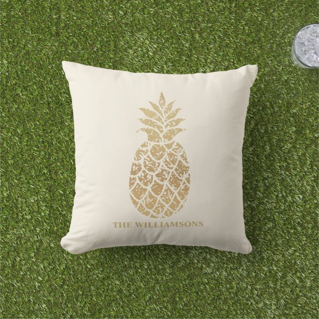 Gold Pineapples on Ivory Personalized Outdoor Pillow (Grass)