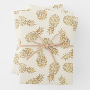 Gold Pineapples on Ivory Wrapping Paper Sheets
