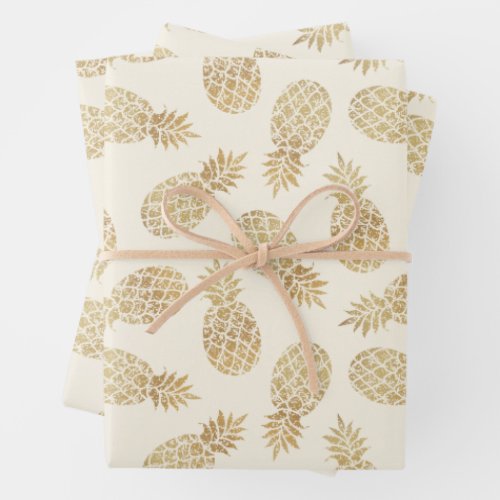 Gold Pineapples on Ivory Wrapping Paper Sheets