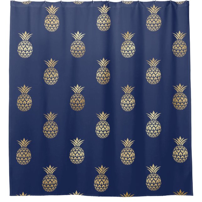 Gold Pineapples on Navy Blue Shower Curtain (Front)