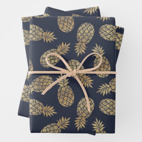 Gold Pineapples on Navy Blue Wrapping Paper Sheets