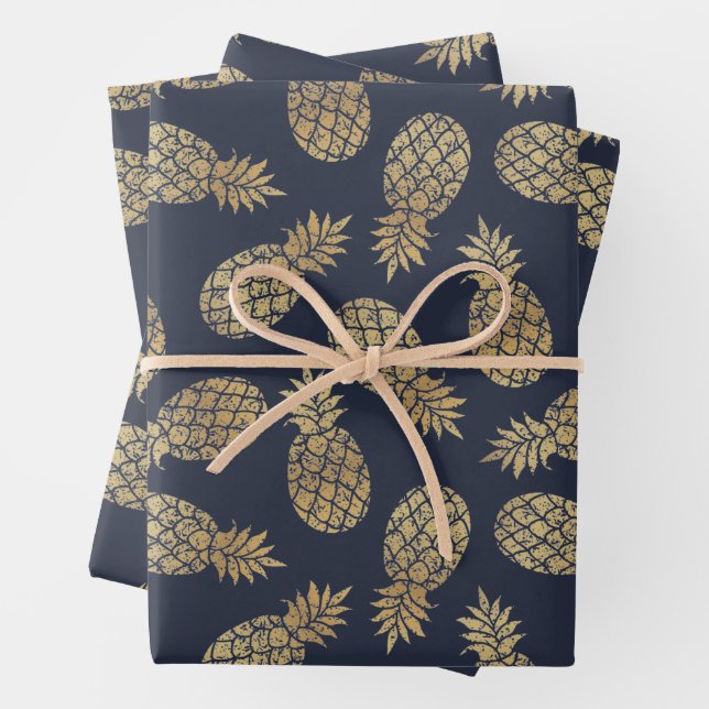 Gold Pineapples on Navy Blue Wrapping Paper Sheets (In situ)