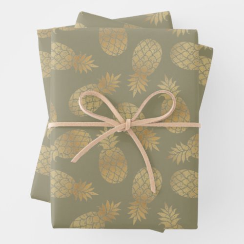 Gold Pineapples on Olive Green Wrapping Paper Sheets