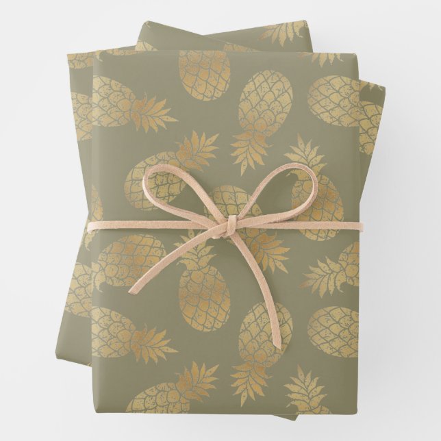 Gold Pineapples on Olive Green Wrapping Paper Sheets (In situ)