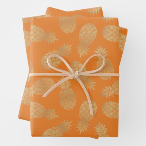 Gold Pineapples on Orange Wrapping Paper Sheets