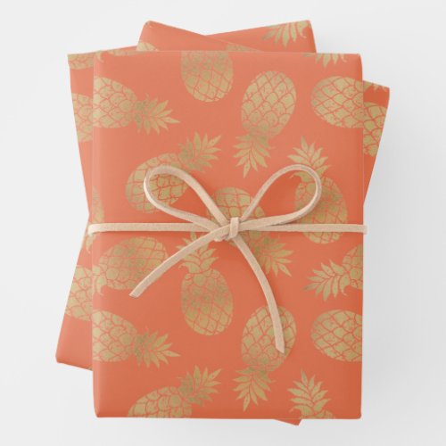 Gold Pineapples on Peach Wrapping Paper Sheets